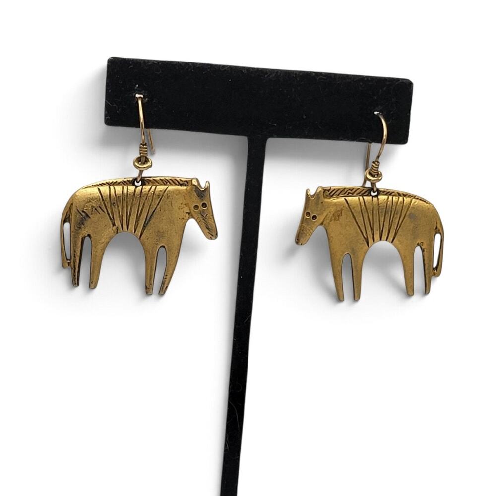 Vintage Primitive Horse Dangle Earrings Antiqued Gold Tone Folk Art Style